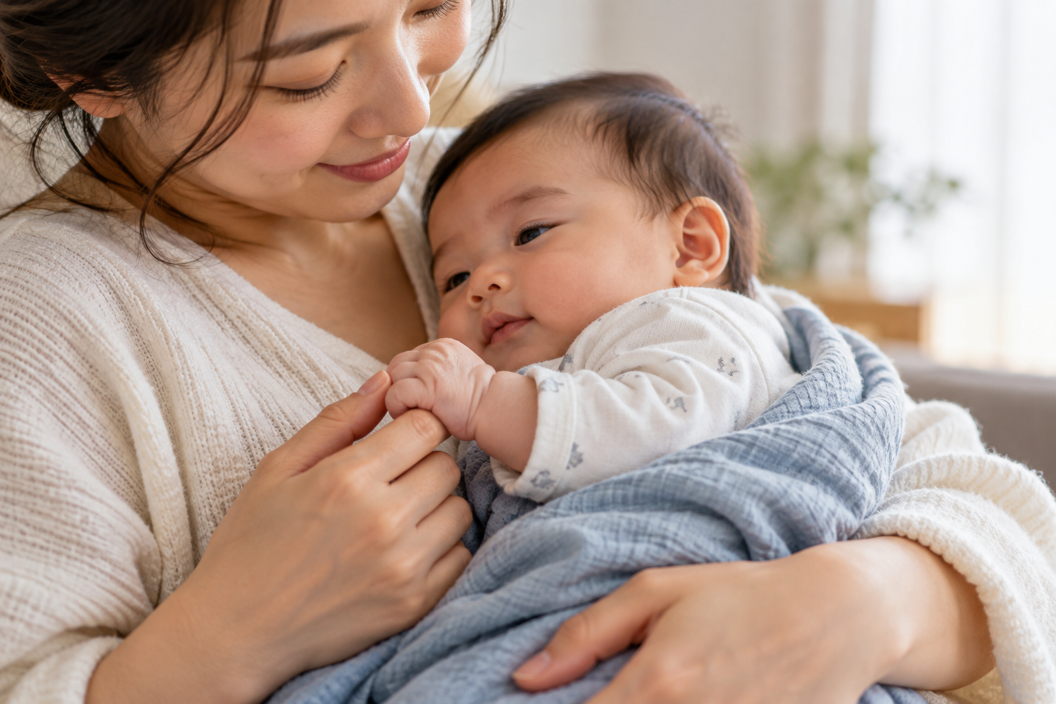 Illustrative close-up of an infant holding a parent’s finger