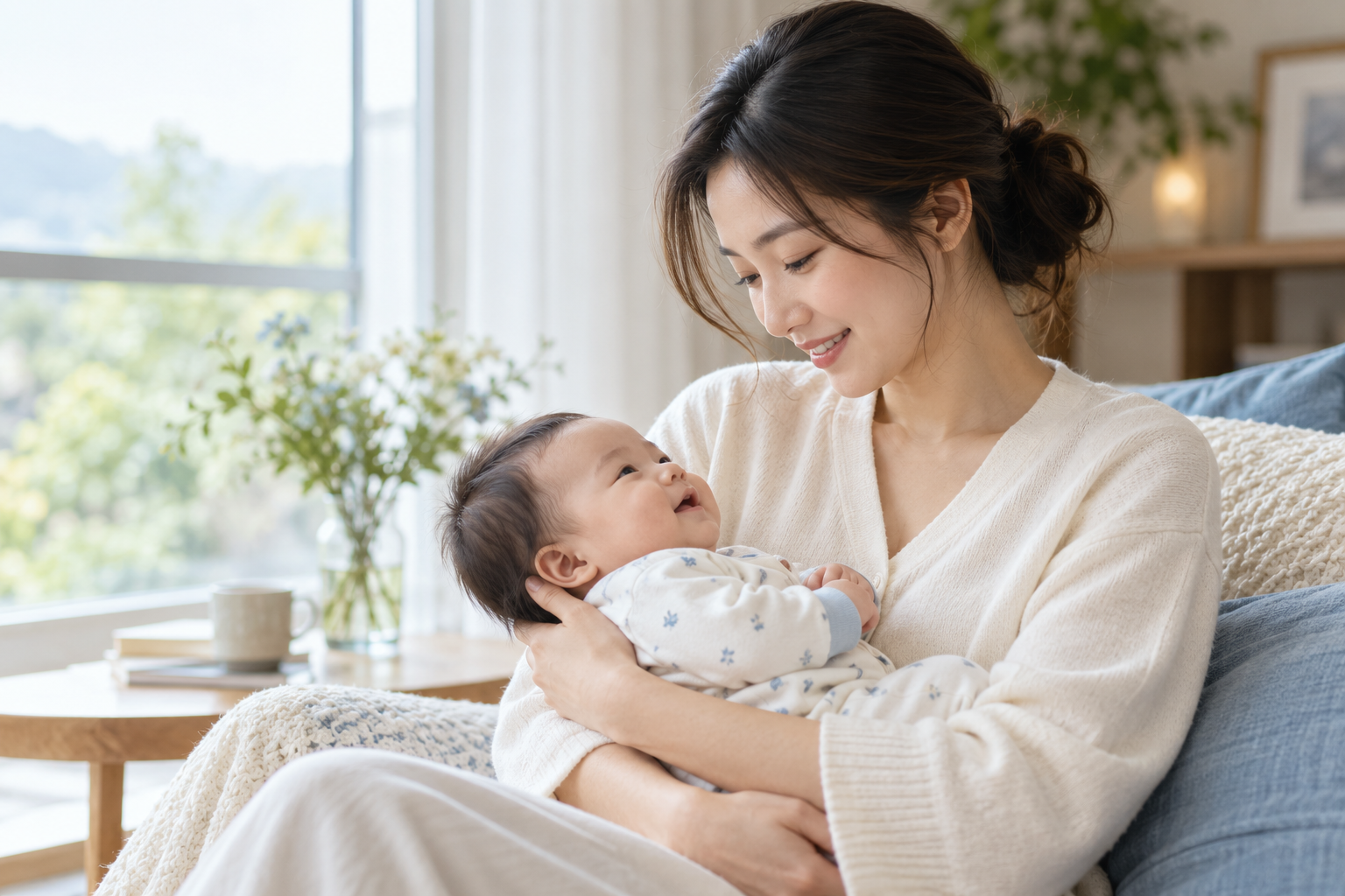 Illustrative scene of a mother gently cradling her infant in soft daylight